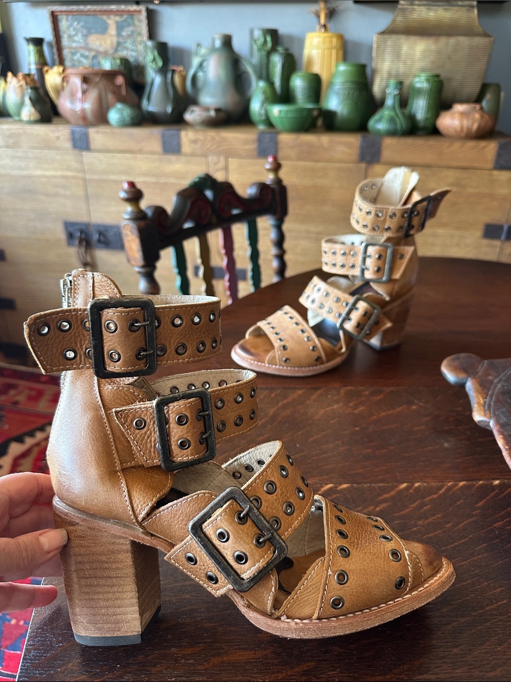 Freebird Tan BLAKE Grommet Studded 4 Buckle Leather Heeled Gladiator Zip Sandals